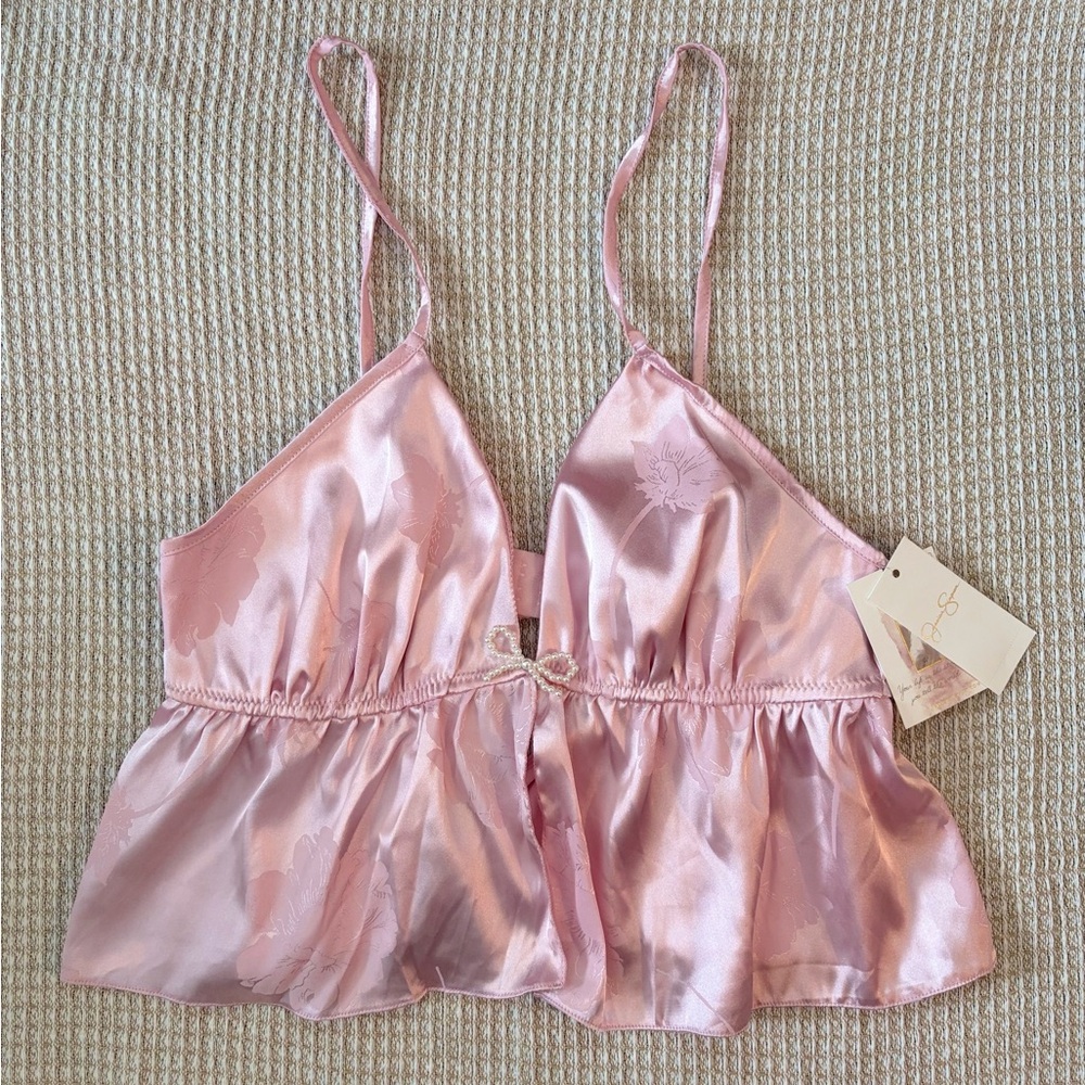 Jessica Simpson Pink Satin Camisole Pajama Top with Pearl Bow Accent M
